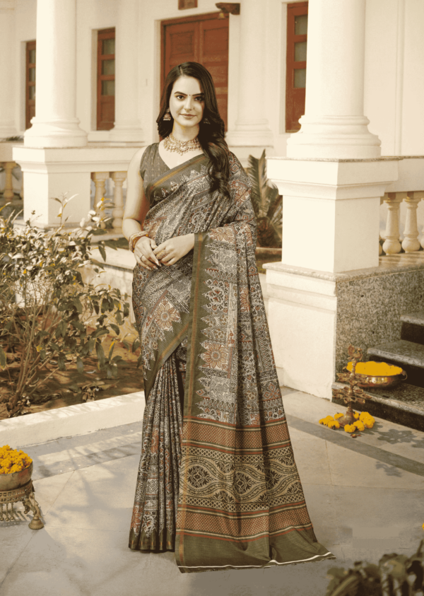 AKSK  Olive Green Silk Saree Reshami