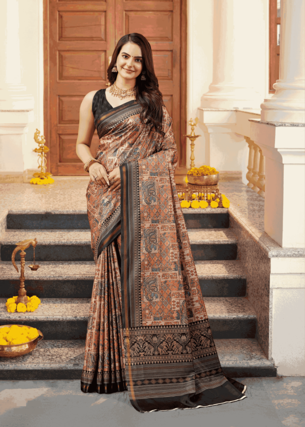 AKSK  Peach Orange Silk Saree Reshami