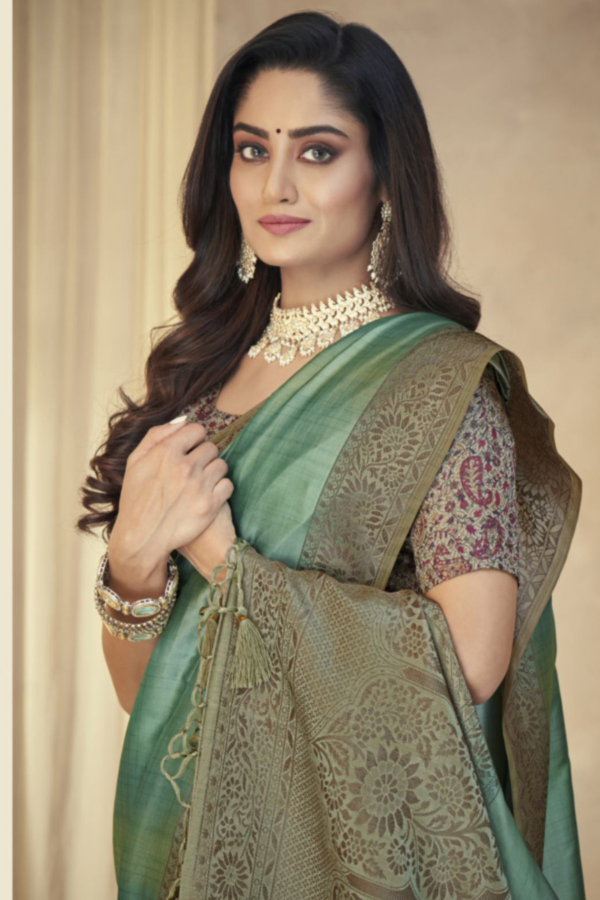 Sea Green Tassal Silk Saree - Image 2