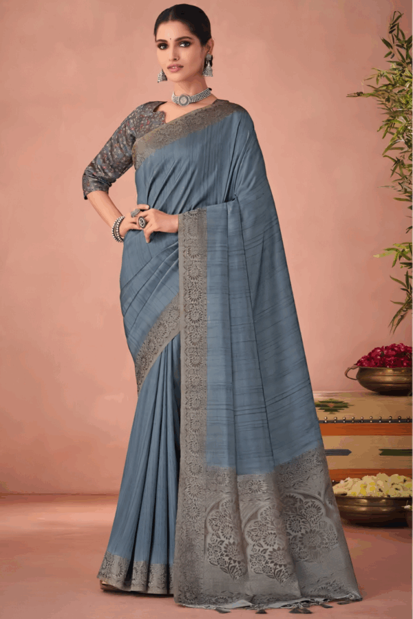 Stellar Grey  Tassal Silk with Border woven Saree - Image 2
