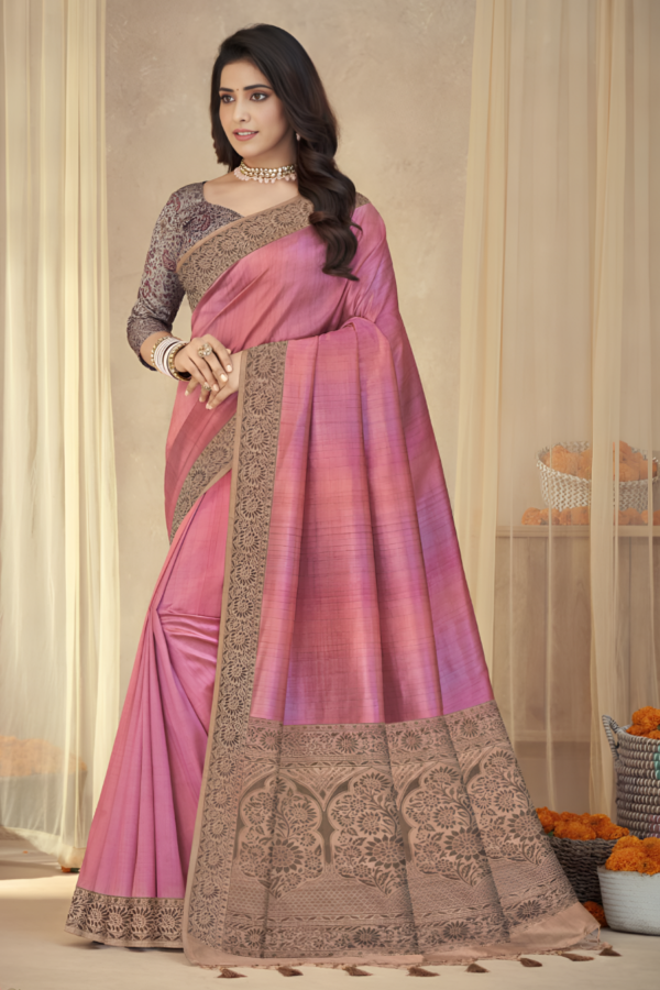 Pink Tassal Silk with Border woven Saree - Image 3