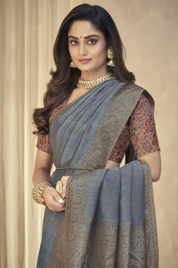 Steal Grey Tassal Silk Saree - Image 2