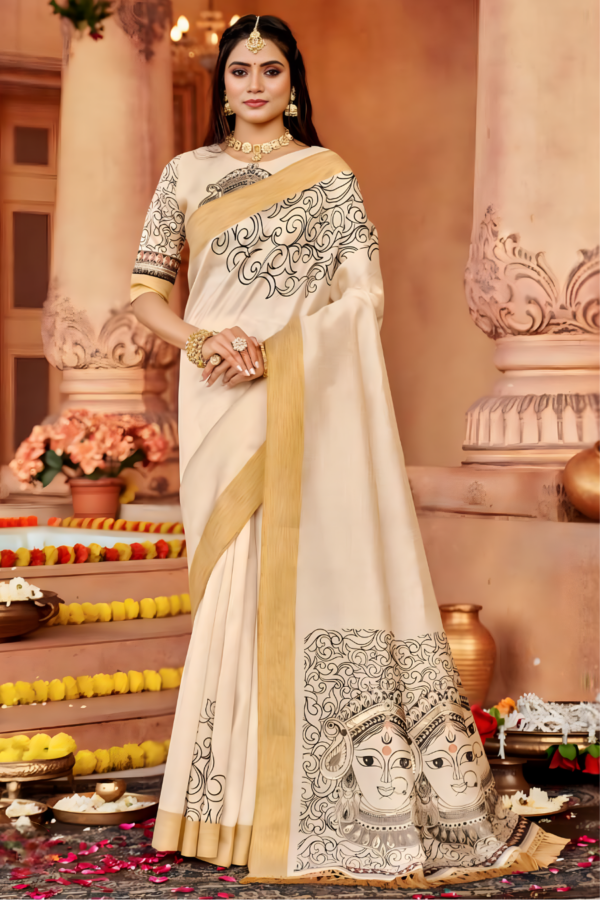 Cream Cotton Silk Digital Print Work Sarees. - Image 2