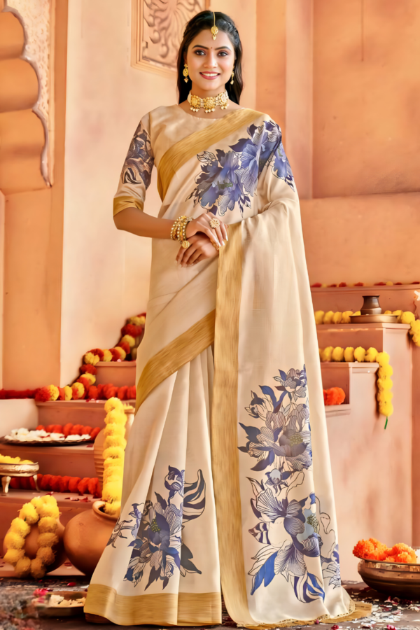 Charismatic Cream  Cotton Silk Classic Saree with Digital Print Work - Image 2