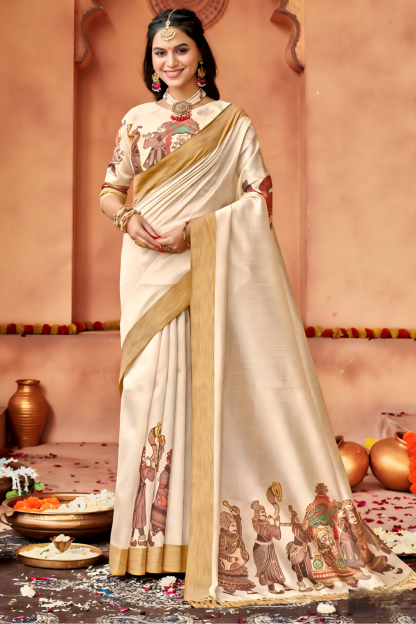 Digital Print Work  Trendy Saree In Cream - Image 2