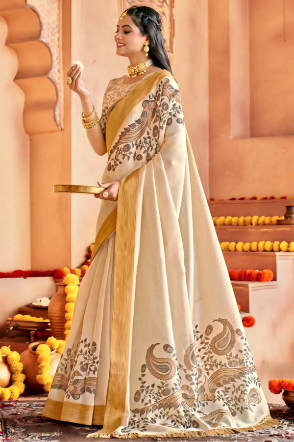 Cream Cotton Silk Digital Print Trendy Saree - Image 2