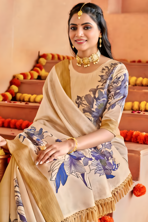 Charismatic Cream  Cotton Silk Classic Saree with Digital Print Work - Image 3