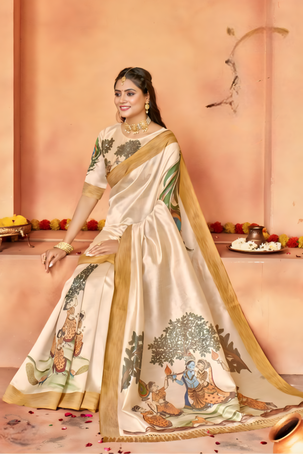 Sensible digital Print Cotton Silk Cream Sarees. - Image 2