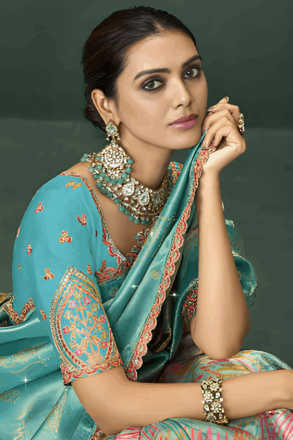 Embroidery Turquoise Digital Print Saree With Blouse - Image 3