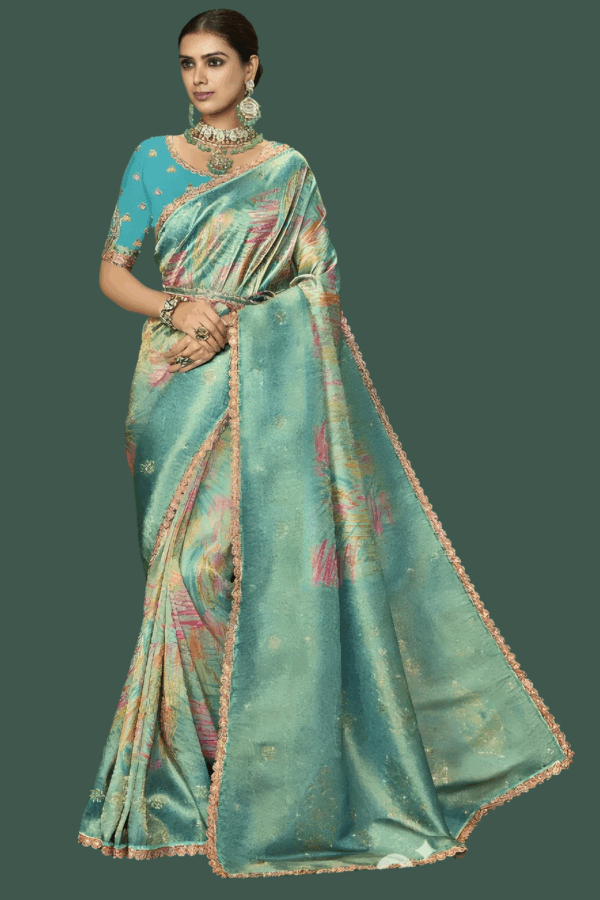 Embroidery Turquoise Digital Print Saree With Blouse - Image 4