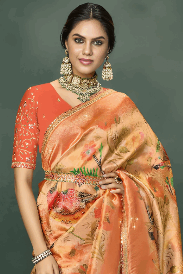 Orange Floral Printed  Silk Embroidery Saree - Image 2