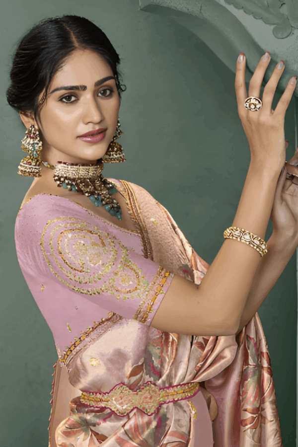 Pastel Pink Silk Saree With Blouse - Image 3