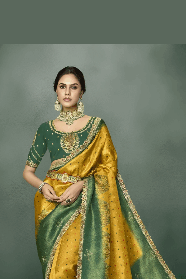 Digital Printed Wedding Silk Saree in Yellow and Green