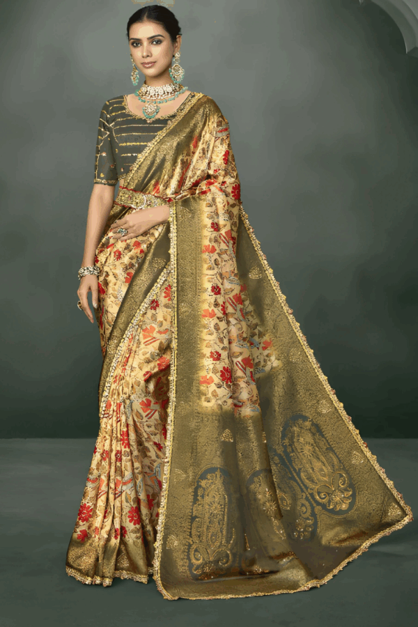 Cream Zari Woven Saree In Silk - Image 2