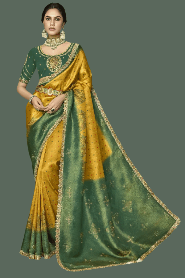 Digital Printed Wedding Silk Saree in Yellow and Green - Image 2