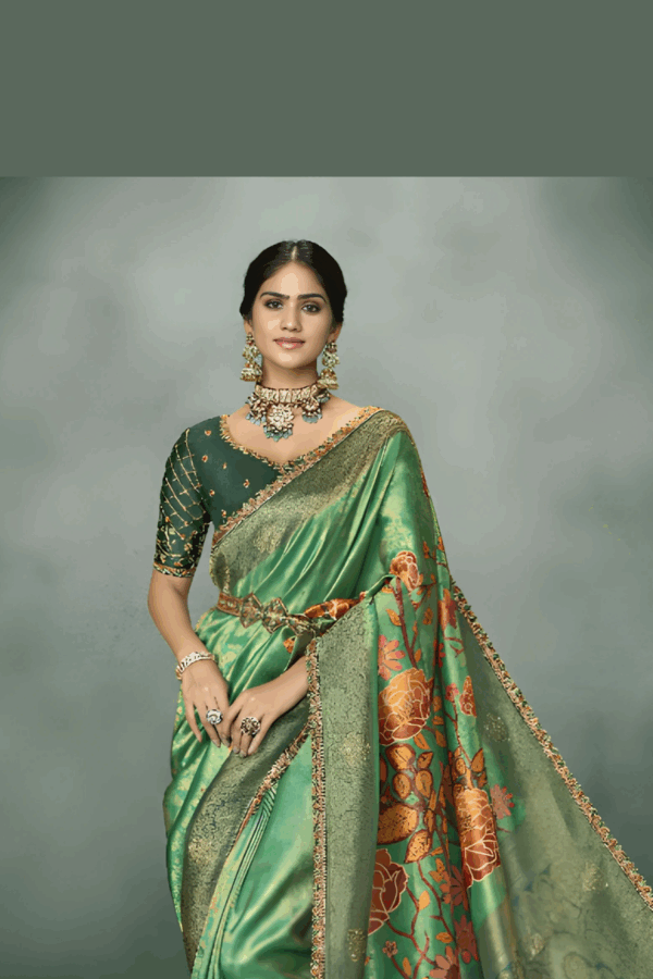 Embroidered Green Silk Saree In Floral Print