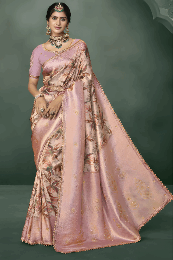 Pastel Pink Silk Saree With Blouse - Image 2