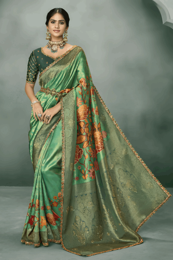 Embroidered Green Silk Saree In Floral Print - Image 3
