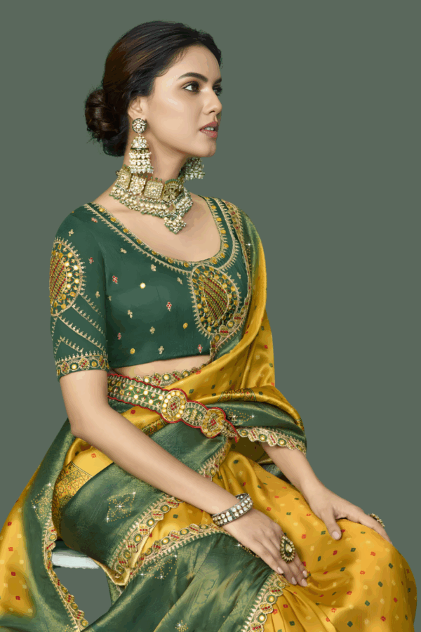 Digital Printed Wedding Silk Saree in Yellow and Green - Image 3