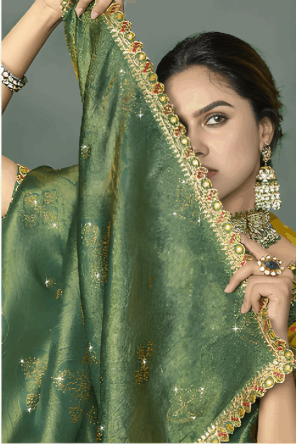 Digital Printed Wedding Silk Saree in Yellow and Green - Image 4