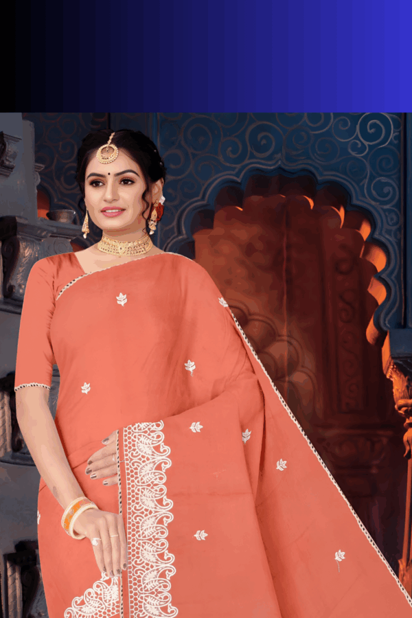 Peach Orange Pure Cotton Embroidered Saree