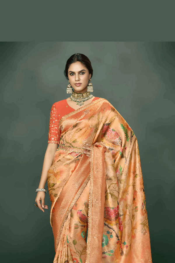 Orange Floral Printed  Silk Embroidery Saree