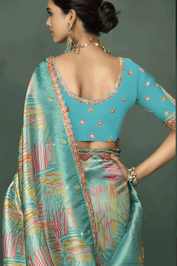 Embroidery Turquoise Digital Print Saree With Blouse - Image 2