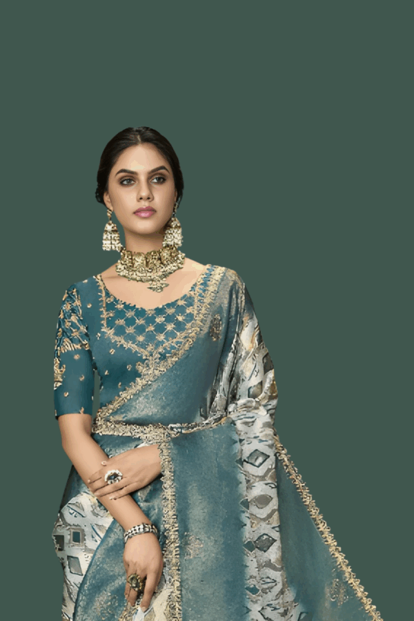Digital Printed Silk Saree in Off White and Blue