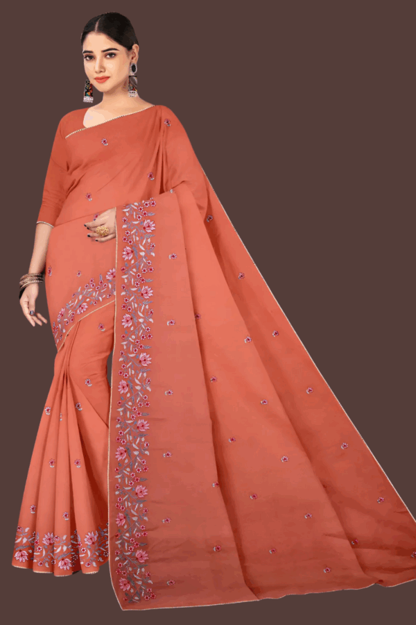 Pure Orange Cotton Embroidery Resham Saree - Image 2