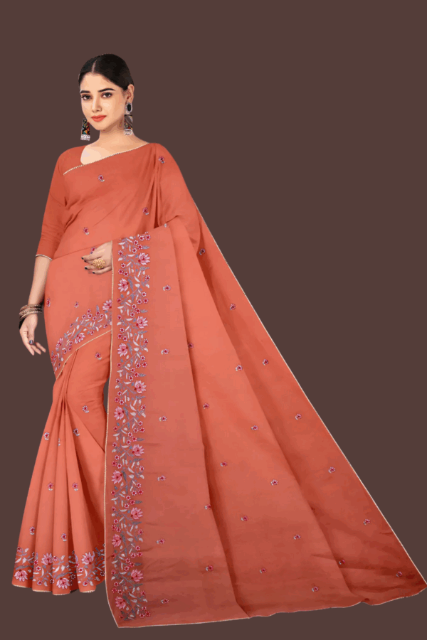 Pure Orange Cotton Embroidery Resham Saree - Image 3