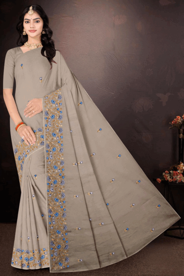 Grey Resham Pure Cotton Saree with Blouse - Image 2