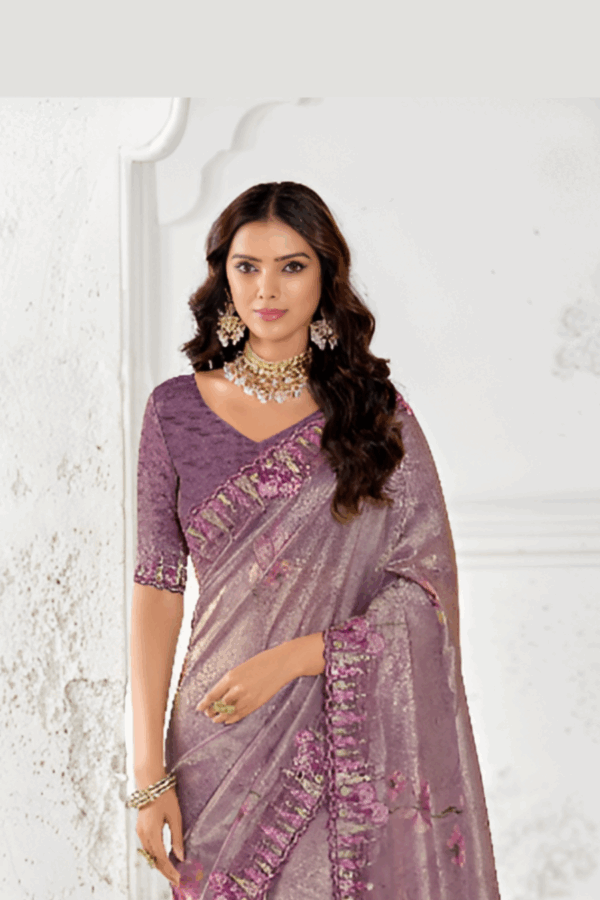 Mauve Purple Floral Print Tissue Silk Embroidered Saree