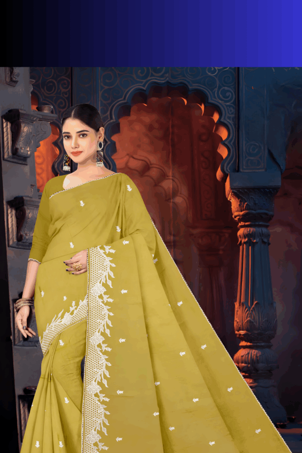 Mustard Pure Cotton With Lucknowi Embroidery Saree