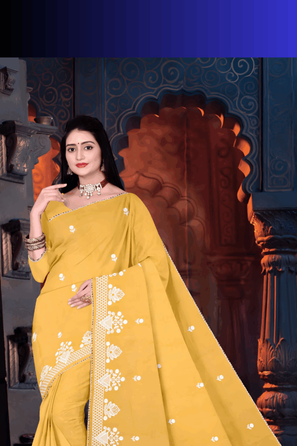 Yellow Colour Pure Cotton Saree with Lucknowi Embroidered Saree