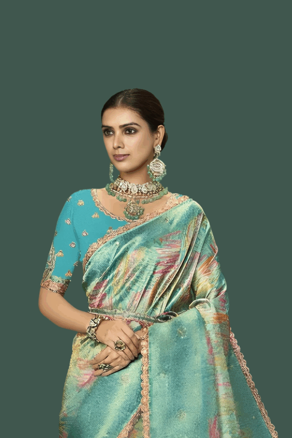 Embroidery Turquoise Digital Print Saree With Blouse