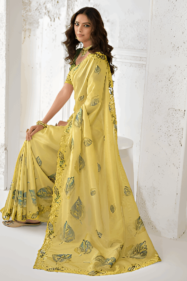 Yellow Tissue Silk Embroidery Saree - Image 3