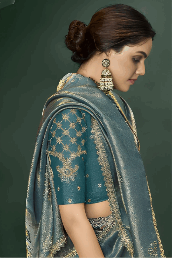 Digital Printed Silk Saree in Off White and Blue - Image 3