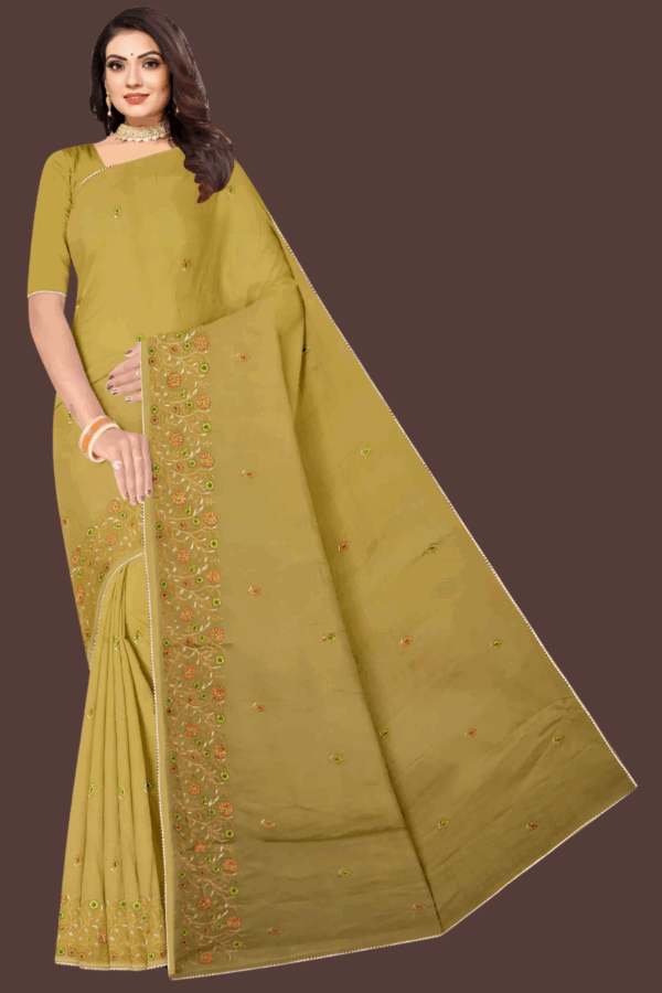 Olive Mustard Pure Cotton Saree With Blouse - Image 2