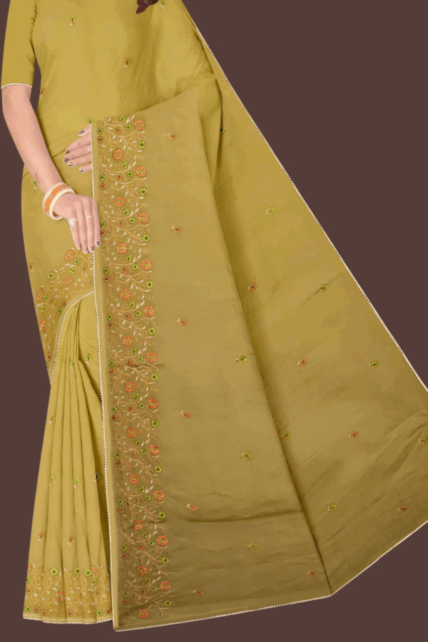 Olive Mustard Pure Cotton Saree With Blouse - Image 3