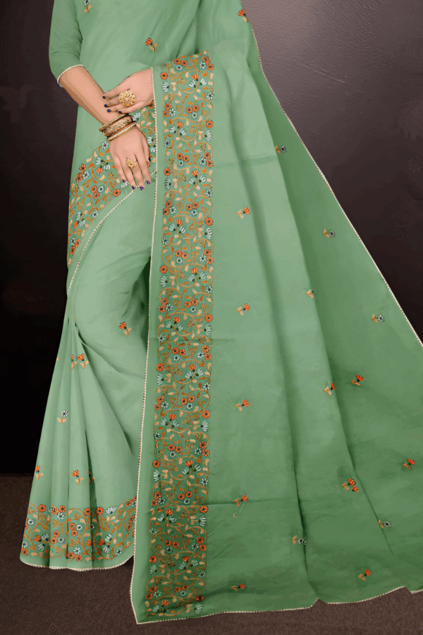 Green Embroidery Pure Cotton Saree - Image 3