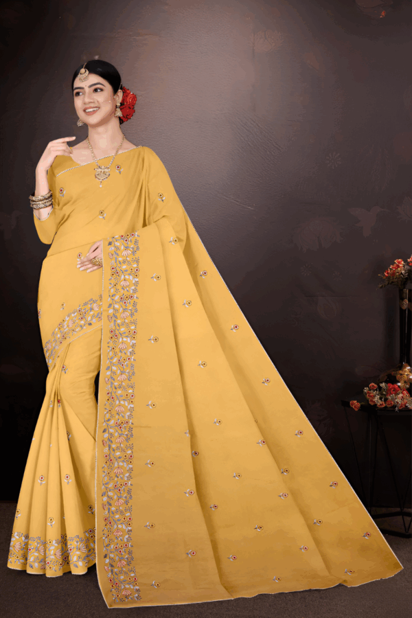 Yellow Pure Cotton Saree with Matching  Blouse - Image 2