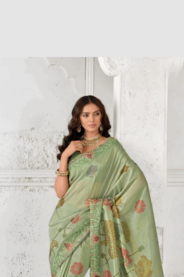 Green Floral Print Embroidered Tissue Silk Saree