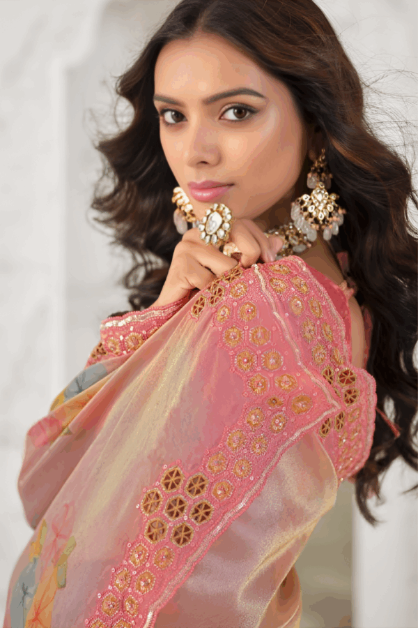 Peach Floral Print Tissue Silk Embroidery Saree - Image 4