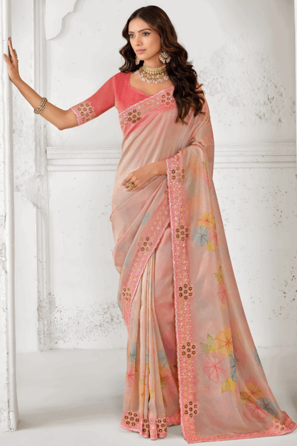 Peach Floral Print Tissue Silk Embroidery Saree - Image 2