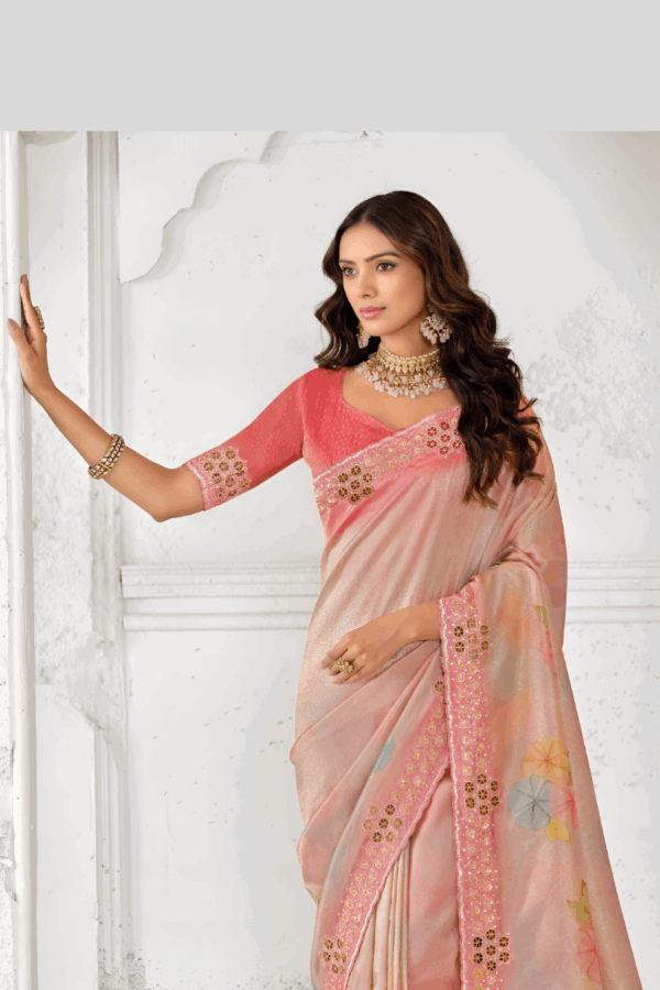 Peach Floral Print Tissue Silk Embroidery Saree