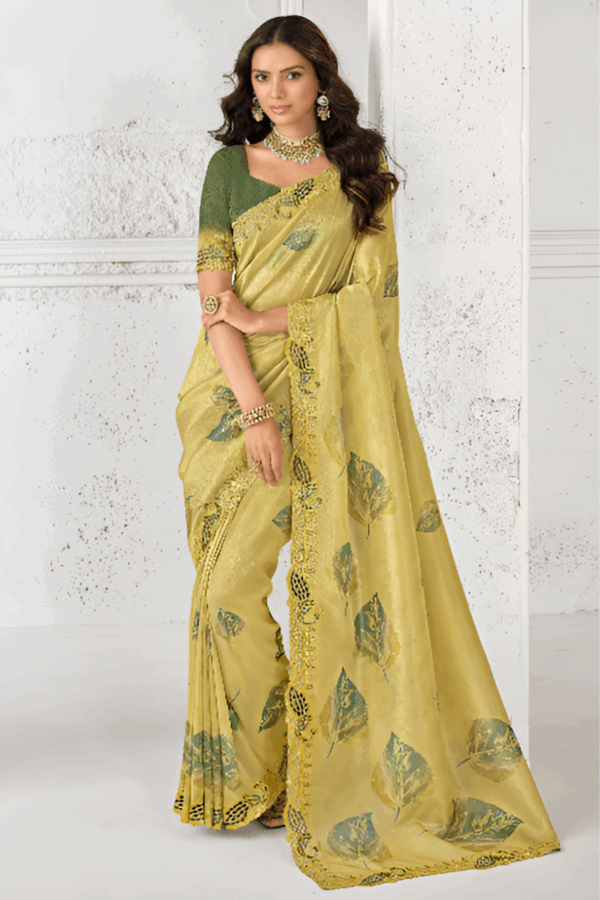 Yellow Tissue Silk Embroidery Saree - Image 2