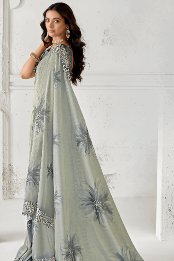Tissue Grey Embroidery  Silk Saree In Floral Print - Image 2