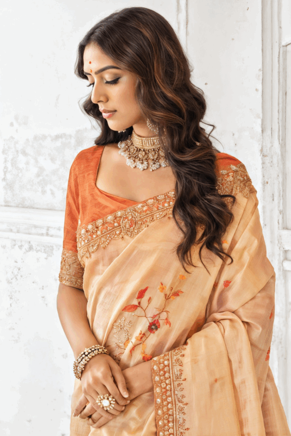 Digital Printed Tissue Silk Embroidery Scalloped Saree in Light Orange - Image 2