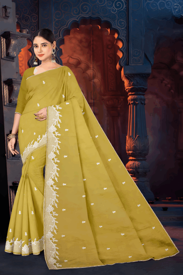 Mustard Pure Cotton With Lucknowi Embroidery Saree - Image 2