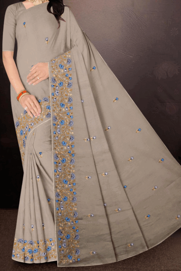 Grey Resham Pure Cotton Saree with Blouse - Image 3